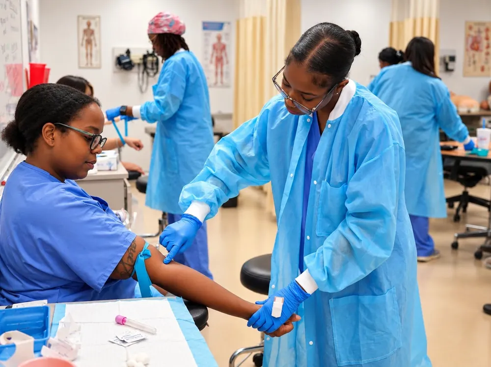Phlebotomy student preparing a blood draw